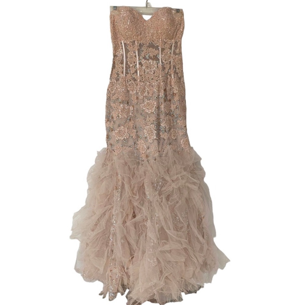Jovani Formal Gown Prom Dress Wedding Mauve Pink Lace Tulle Sequins Women's Sz 8